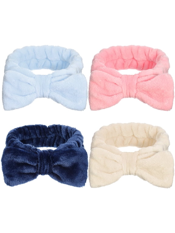 4 Pack Elastic Spa Thick Bow Hairband, Facial Bowknot Makeup Headband for Women Face Washing(Pink)