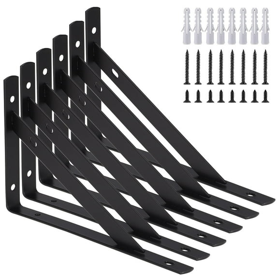 Qweryboo 6 Pack Heavy Duty Shelf Brackets, 8*5 inch Wall Mount L-Shaped Shelf Bracket for Floating, Black Metal Shelf Brackets with Screws, 90 Degree Triangle Corner Brace Joint Angle Bracket(Black)