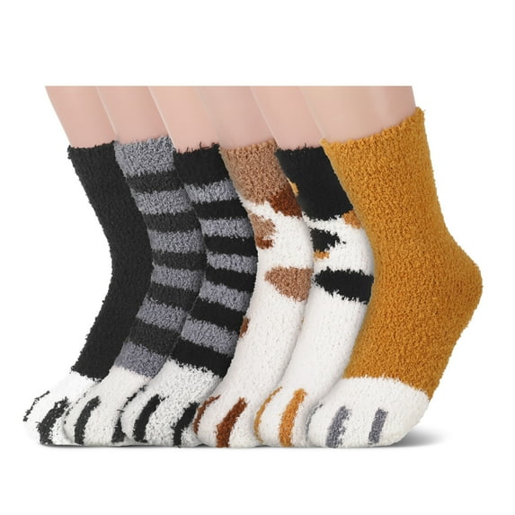 Qweryboo 6Pairs Cat Paw Fuzzy Socks, Women Winter Fuzzy Warm Plush Slipper Socks, Cute Sleeping Coral Fleece Socks Christmas Gift for Girls