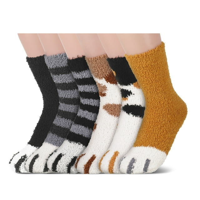Qweryboo 6Pairs Cat Paw Fuzzy Socks, Women Winter Fuzzy Warm Plush