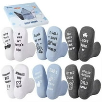 Qweryboo Baby Socks Gift Set - Funny Newborn Baby Non Slip Socks with Fun Quotes, Baby Shower Gifts, Photo Props - Gender Reveal Gifts, 6 Pairs - Gift Box(Blue)