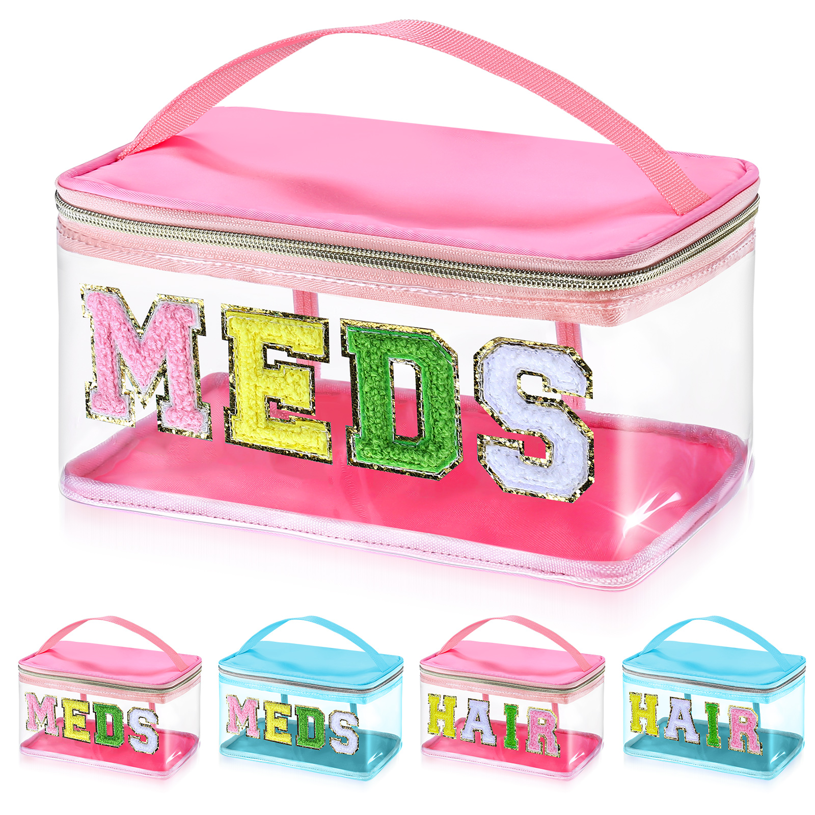 Fablinks Preppy Makeup Pouch, Chenille Varsity Letter Stuff Bag, Pink