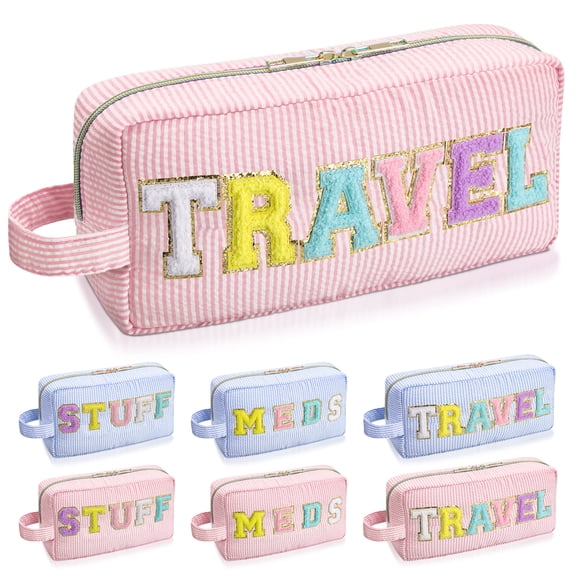 Qweryboo Chenille Letter Makeup Bag for Travel, Cute Preppy Makeup Bag Pink with Letter, Portable Seersucker Travel Patch Cosmetic Bag with Side Handle for Women Girls(Pink - TRAVEL)
