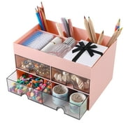 Qweryboo Desk Organizer with Drawers, Plastic Table Organizer with Compartments, Office Supplies and Desk Accessories,  Clear Desktop Storage Box for Office, School, Bathroom(Pink)