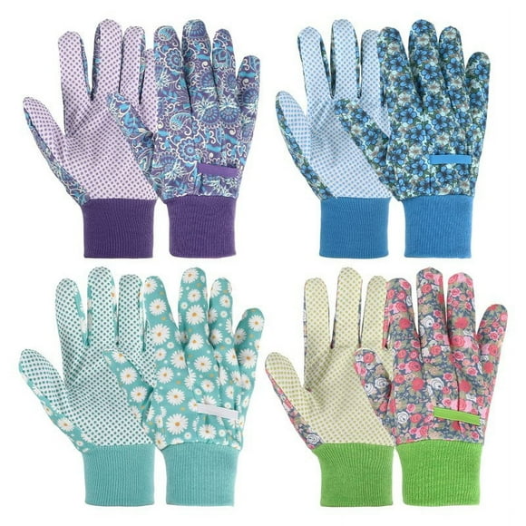 Qweryboo Floral Gardening Gloves, Soft Breathable Yard Work Gloves with Non-Slip PVC Dots, 4 Pairs