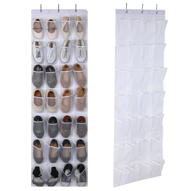 Qweryboo Hanging Shoe Storage Shoe Rack Holder with 28 Large Mesh Pockets and 4 Metal Hooks for Men Women Shoe White White