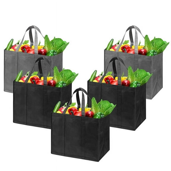 Qweryboo Reusable Non-woven Fabric Washable Eco Bags Reusable Tote Bag, Black/Gray, 5 Count