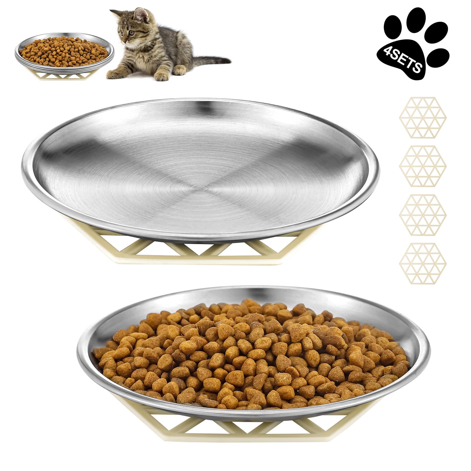 Qweryboo Stainless Steel Cat Dishes for Food and Water Bowls for Small Pets -4 Sets Flat Style