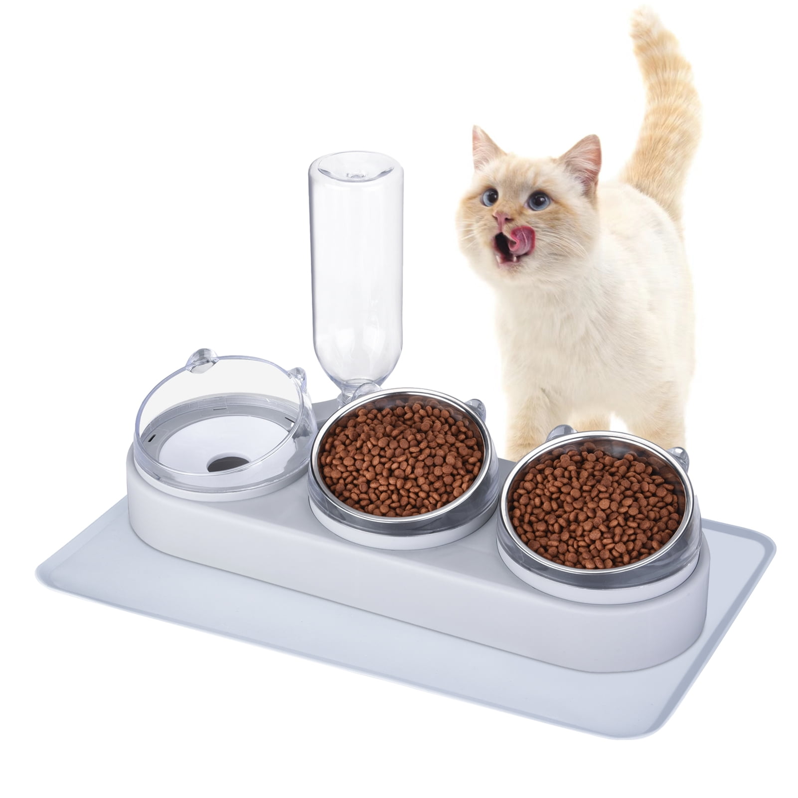 Qweryboo Triple Cat Bowls, 15 Degree Tilt 3in1 Water Feeder Bowls Cat Double Food Bowls with