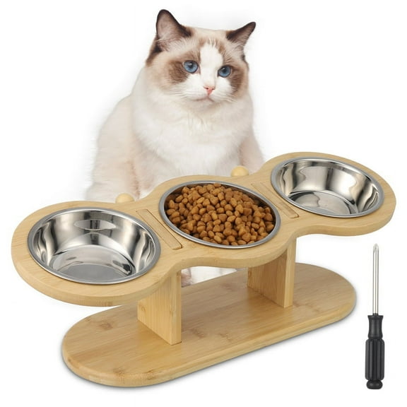 Qweryboo Wooden Elevated Cat Bowls, 15 Tilted Raised Pet Food Bowls, Adjustable Cat Dog Bowl Feeding Station with 3 Stainless Steel Bowls for Cats Puppy Small Dogs Feeder