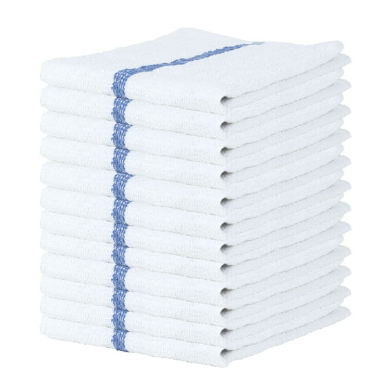 Qwick Wick Bar Mop Terry Towels (12 Pack), 16" x 19", 100% Cotton, Absorbent Soft Cleaning Cloths, White with Blue Stripe