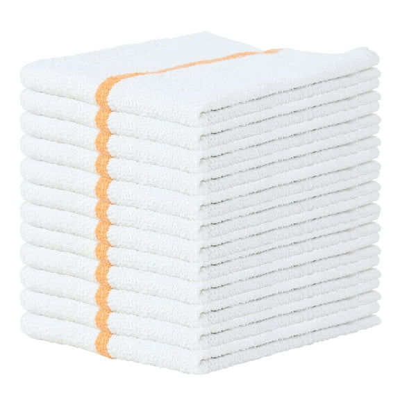 Qwick Wick Bar Mop Terry Towels (12 Pack), 16" x 19", 100% Cotton, Absorbent Soft Cleaning Cloths, White with Gold Stripe