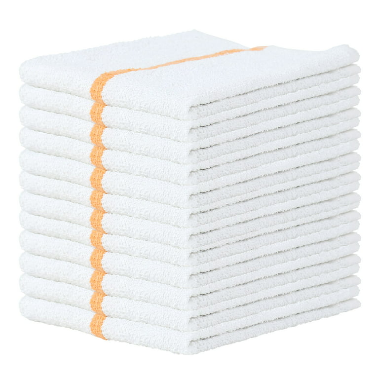 Qwick Wick Bar Mop Terry Towels (12 Pack), 16 x 19, 100% Cotton,  Absorbent Soft Cleaning Cloths, White with Gold Stripe