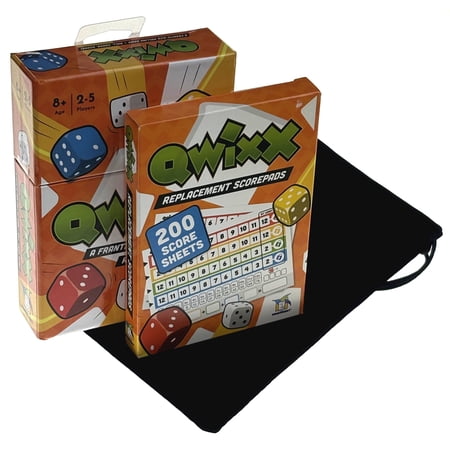 Qwixx Game & Replacement Score Pads Bundle with Hickoryville Velour Drawstring Bag