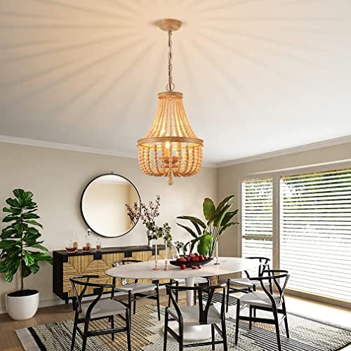 Qwoo Wood Beaded Chandelier, Boho Flush Mount Ceiling Light, Retro Wooden Bead Light Fixture for Nursery, Dining Living Room,Bedroom,Hallway,Farmhouse,Kitchen,Interior,Oak 12.6"