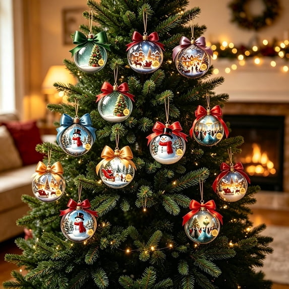 Qwtwty 12 Pcs Vintage Christmas Ornaments Set, Shatterproof Christmas Wooden Hanging Pendants with Gift Box Packaging for Home Holiday Party Decor