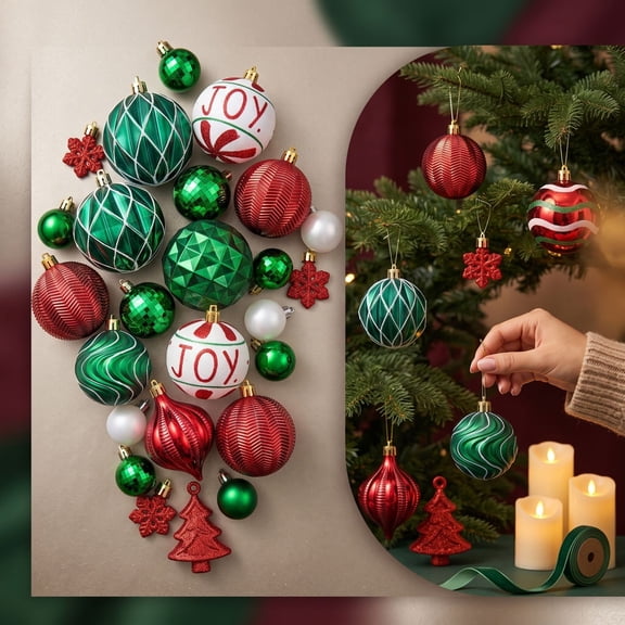 Qwtwty 48 Pcs Christmas Tree Decorations Ornament Set, Shatterproof Hanging Baubles Decorations for Xmas Tree, Christmas Gifts for Family and Friend