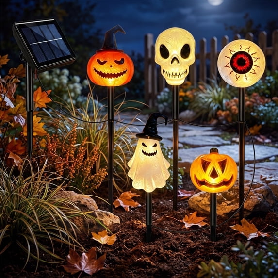 Qwtwty 5 Pack Solar Lights Halloween Outdoor Decorations, Solar Pathway Stake Lights for Walkways, Gardens, Lawns, Driveways and Landscape Lighting