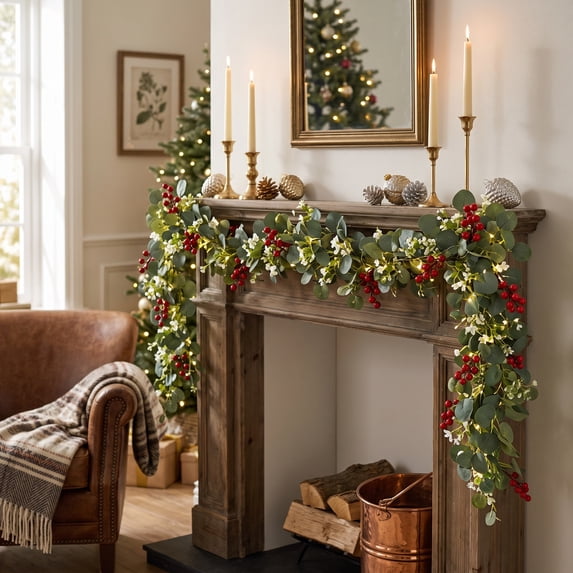 Qwtwty 6 ft Artificial Christmas Garland with Red Berry, Faux Winter Garland for Mantle Stairs Railing Fireplace Indoor Outdoor Xmas Decor