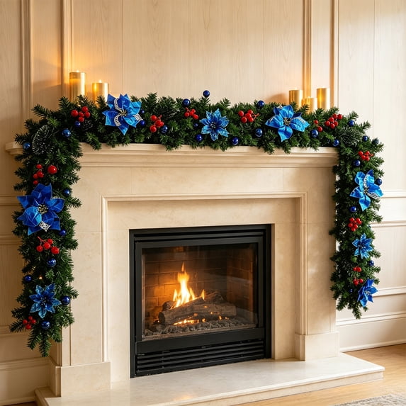 Qwtwty 9 ft Pre‑Lit Christmas Garland with Lights, Fake Vines Real Touch Winter Xmas Garland for Stairs, Railing, Fireplace, Door Decorations