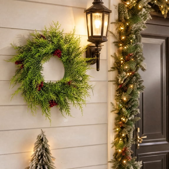 Qwtwty Artificial Christmas Wreath with Red Berries, Farmhouse Winter Wreaths Hanging Ornament for Indoor Outdoor Wall Window Home Holiday Christmas Decor