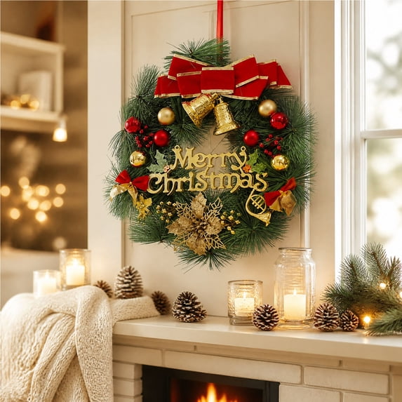 Qwtwty Artificial Christmas Wreath with Red Bow and Golden Bells, Farmhouse Winter Wreaths Hanging Ornament for Indoor Outdoor Wall Window Home Holiday Christmas Decor