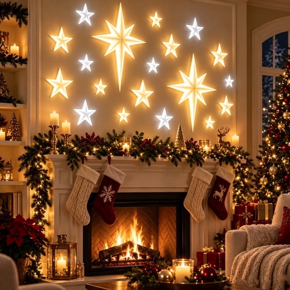 Qwtwty Christmas Decorations Star Wall Light Set, Glowing Christmas Star Led Lights, Multi-Size Star Shape Decorative Lights for Living Room Bedroom Wall Decor
