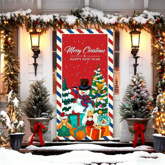 Qwtwty Christmas Door Cover Flag Christmas Door Curtain Flag Outdoor Photo Santa Claus And Puppy Background Decoration Hanging Fabric