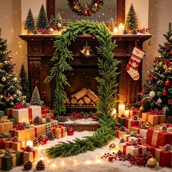 Qwtwty Christmas Garland for Mantle, Real Touch WFaux Needles Garland for Stairs Railing Fireplace Outdoor Indoor Wall