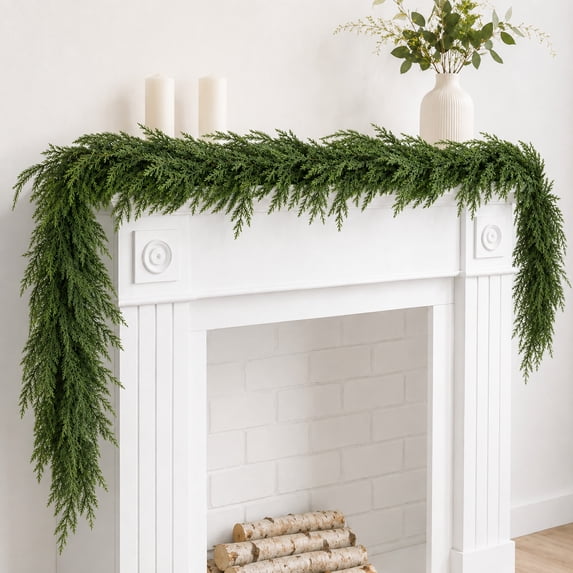 Qwtwty Christmas Greenery Garland, Real Touch Faux Needles Garland for Window Fireplace Mantle Indoor Outdoor Xmas Decor