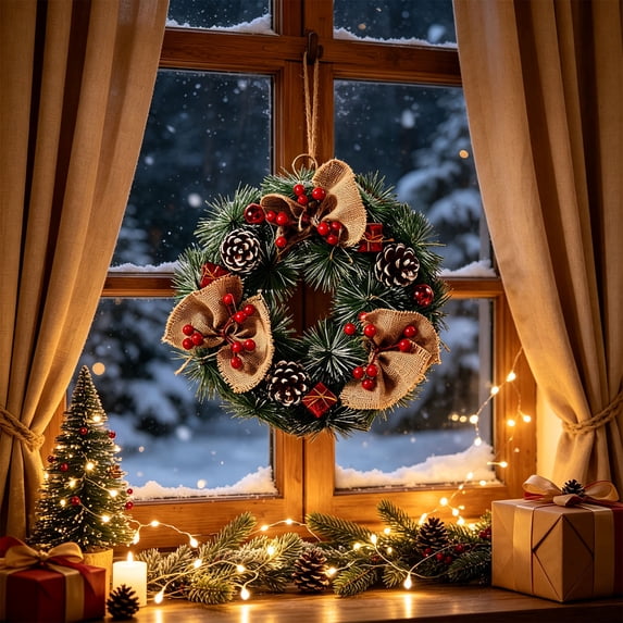 Qwtwty Christmas Wreath for Front Door, Farmhouse Front Door Hanging Garland for Indoor Outdoor Wall Window Winter Christmas Decorations