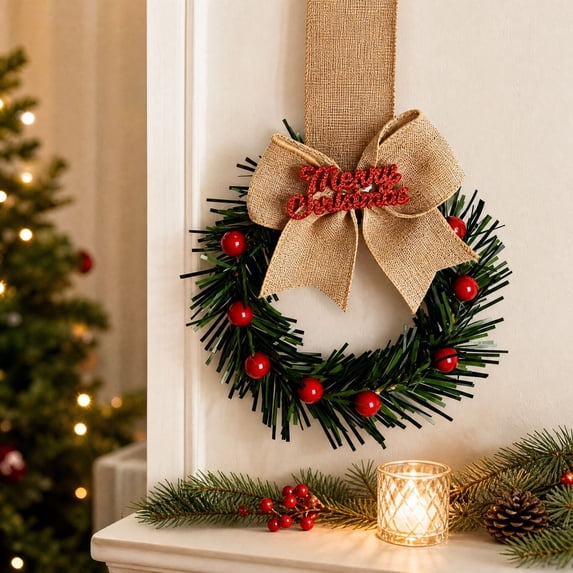 Qwtwty Christmas Wreath for Front Door, Winter Artificial Wreath Hanging Ornament for Xmas Wall Window Fireplace Decor, Christmas Decorations