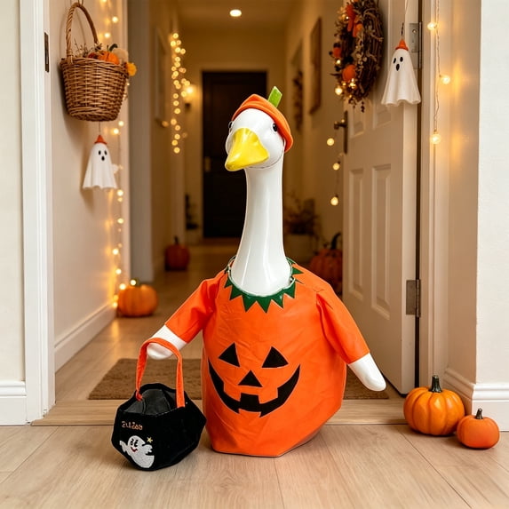 Qwtwty Fall Porch Goose Clothes, 23 Inch Fall Halloween Outfit Pumpkin Ghost Porch Goose Decoration for Outdoor Garden Patio Yard Lawn