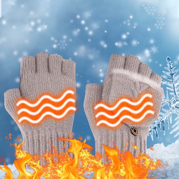 Qwtwty Gloves Winter USB Gloves Half Finger Flip Velvet Knitted Winter Fashion Women's Yarn Exposed Gloves