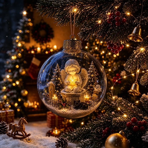 Qwtwty Glowing Christmas Decorations Mini Story Ornament, Light-Up Shatterproof Clear Christmas Themed Hanging Ball Decoration with Warm LED Light