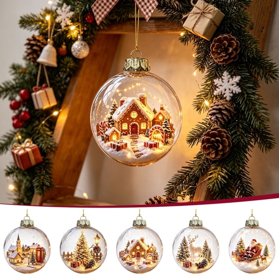 Qwtwty Glowing Christmas Decorations Mini Story Ornament, Light-Up Shatterproof Clear Christmas Themed Hanging Ball Decoration with Warm LED Light