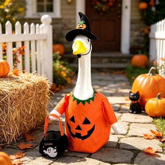 Qwtwty Halloween Porch Goose Clothes for 23" Lawn Statue, Fall Halloween Outfit Pumpkin Ghost Porch Goose Decoration for Outdoor Garden Patio Yard Lawn