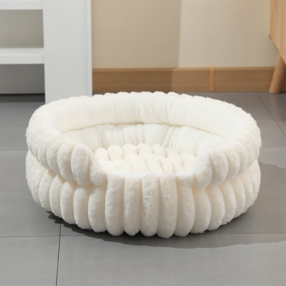 Qwtwty Plush Round Donut Pet Bed, Striped Fluffy Bolster Cat Dog Bed, Circular Cushioned Sleeping Nest, Cozy Rest Bed for Indoor Cats and Small Dogs