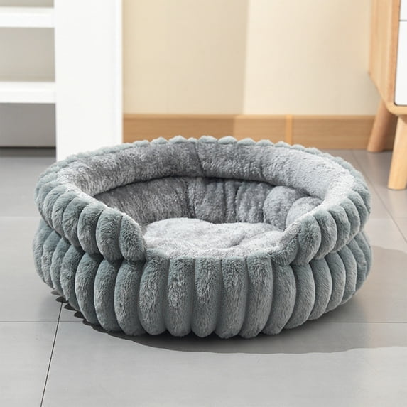 Qwtwty Plush Round Donut Pet Bed, Striped Fluffy Bolster Cat Dog Bed, Circular Cushioned Sleeping Nest, Cozy Rest Bed for Indoor Cats and Small Dogs