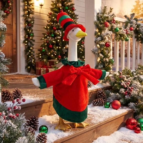 Qwtwty Porch Goose Christmas Outfit 23" Funny Porch Goose Costume for Yard Lawn Outdoor Garden Patio Statue Xmas Santa Holiday Decor