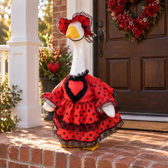 Qwtwty Porch Goose St Valentine's Day Outfit 23" Heart Lace Trims Dress Porch Goose Costume for Yard Outdoor Patio Statue Holiday Decor