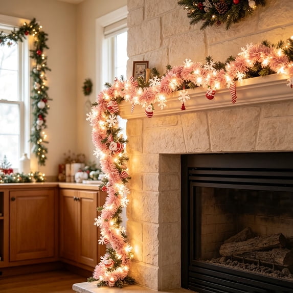 Qwtwty Pre‑Lit Christmas Garland with Lights, Real Touch Faux Needles Garland for Window Fireplace Mantle Indoor Outdoor Xmas Decor
