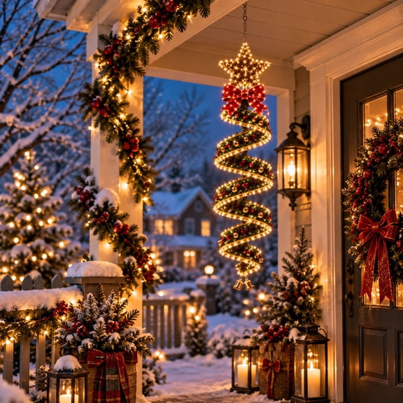 Qwtwty Pre-Lit Spiral Christmas Hanging Light, Lighted Spiral Ribbon Christmas Hanging Ornament Christmas Decorations Outdoor for Front Door Porch Yard