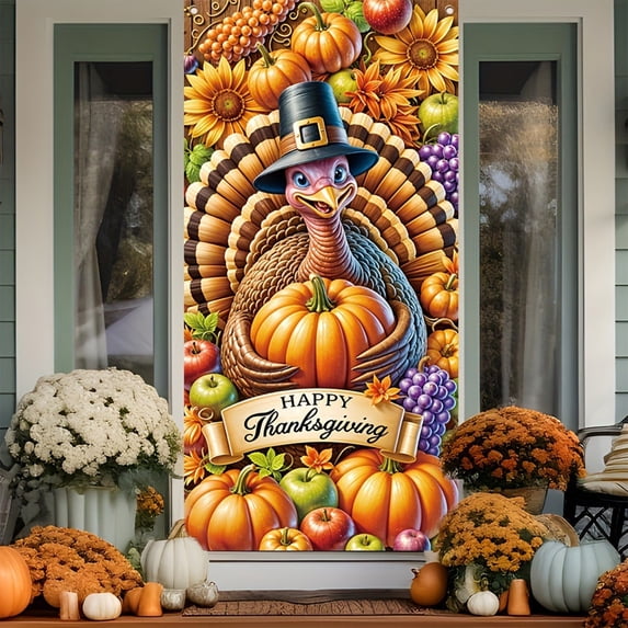 Qwtwty Thanksgiving Door Covers for Front Door, Thanksgiving Door Hanging Backdrop Decorations for Indoor Outdoor Holiday Farmhouse Party Decor