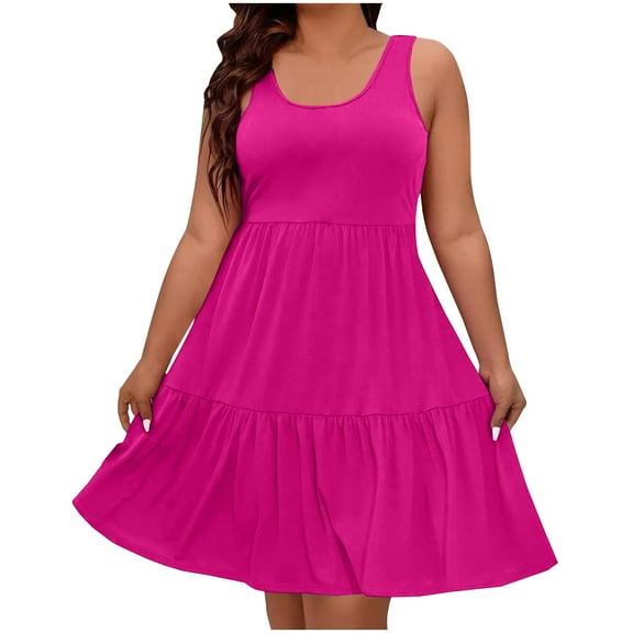 Qxiansh L-5XL Womens Plus Size Dress Scoop Neck Sleeveless Casual Tiered Ruffle A-Line Sun Dresses