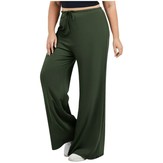 Qxiansh Women's Plus Size Stretch Yoga Pants Solid Color Elastic Waist Drawstring Sports Wide Leg Pants