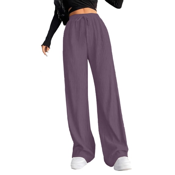 Qxiansh Women's Wide Leg Pants Solid Color Casual Ribbed Elastic Waist Jogging Sports