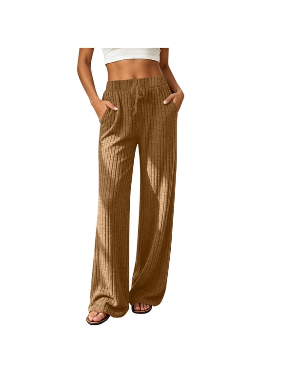 Womens Wide Leg Pants Ribbed Knitted Drawstring Comfy Loose Leisure Pants Fall Winter Loungewear with Pockets