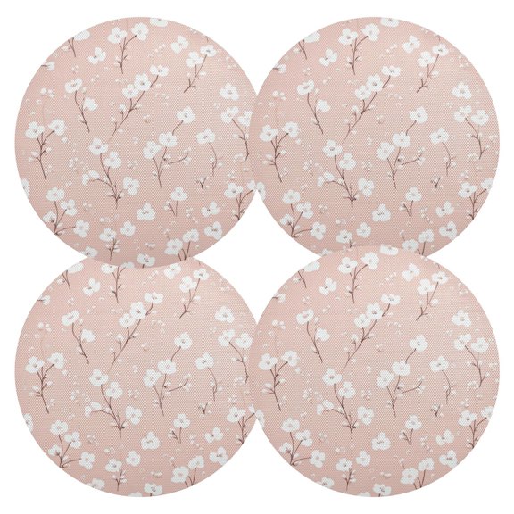 Qxltty 15inch Round Placemats Set of 4 Polyester Fabric Heat Resistant Washable Table Mat for Kitchen Party Decor Pattern with Small White Flowers on Pink Background