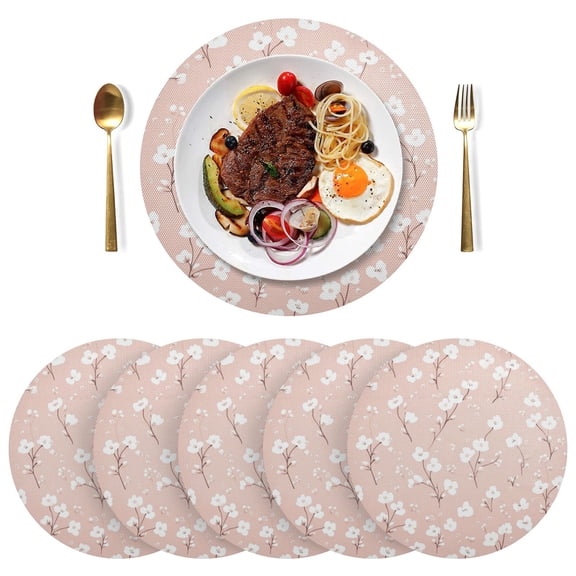 Qxltty 15inch Round Placemats Set of 6 Polyester Fabric Heat Resistant Washable Table Mat for Kitchen Party Decor Pattern with Small White Flowers on Pink Background
